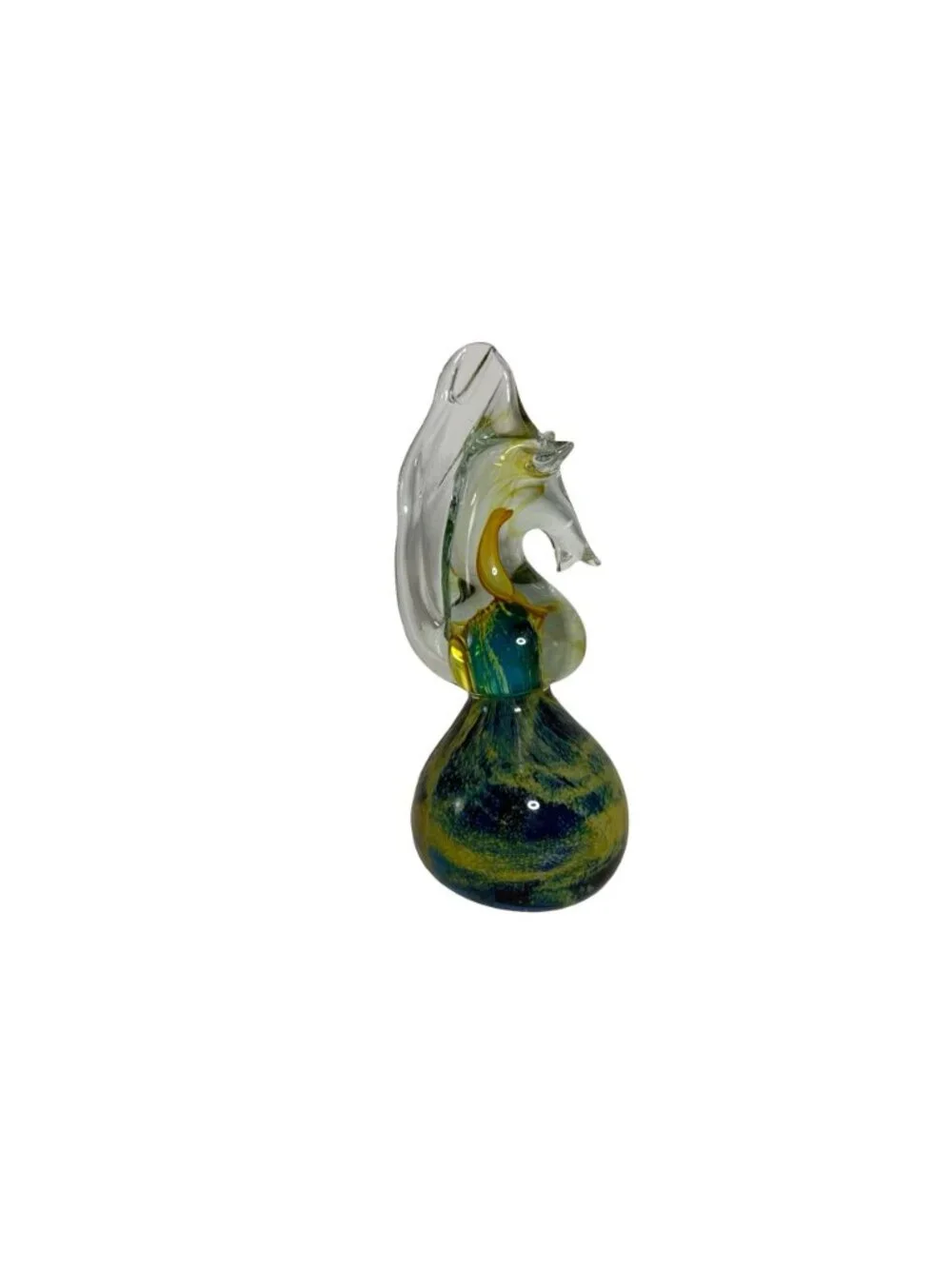 Art Glass SeaHorse Sculpture With Yellow & Blue Swirl Signed Mdina
